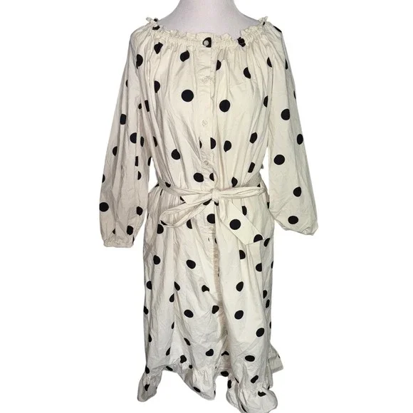 Who What Wear Polka Dot Midi Dress XS Off Shoulder Belted White Black Button Up - Picture 3 of 4